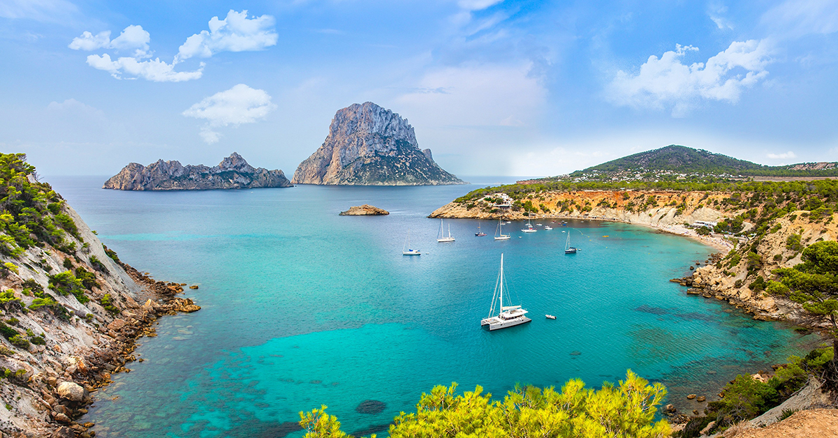 view on a bay and blue green sea in Ibiza Spain Europe